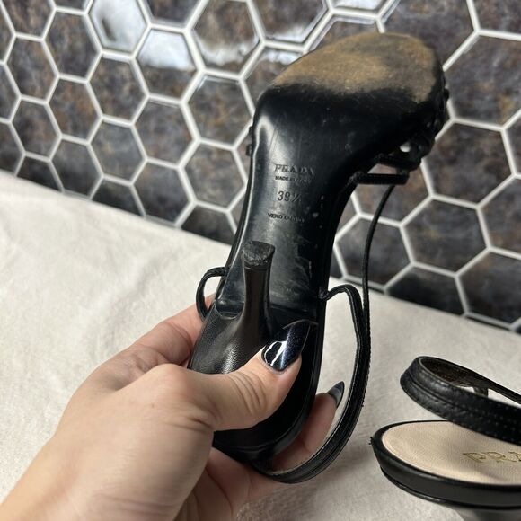 Prada Cuoio Strappy Slingback Kitten Heel Open Toe Size 39.5 Black *READ - Picture 12 of 12